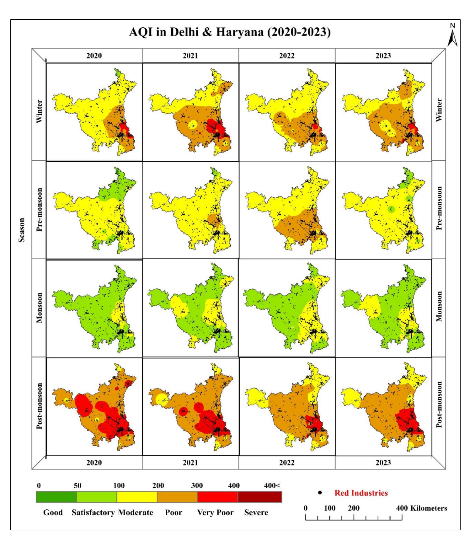 Seasonal spatiotemporal AQI maps for Delhi and Haryana from 2020 to 2023.